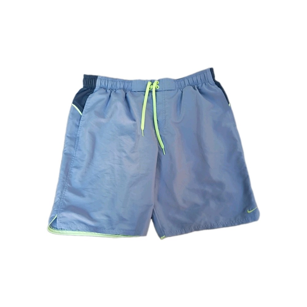 Nike Swim Trunks Mens XL Blue Neon Lime Colorblock Drawstring Shorts 3977